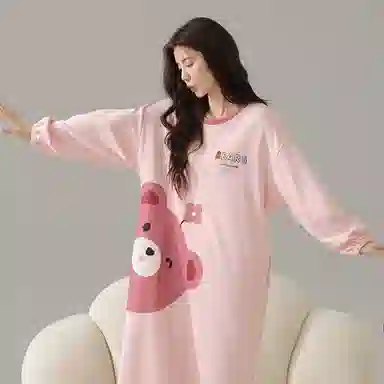 莫代尔 轻盈耐磨微弹吸湿排汗透气柔软细腻舒适亲肤可居家休闲可外穿长袖睡裙套装 女款 粉色