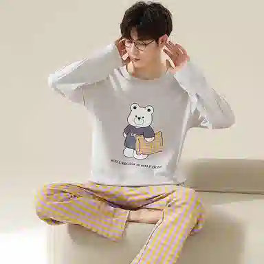 莫代尔 纯色时尚卡通印花舒适亲肤透气圆领套头长袖双口袋格子长裤可外穿男士睡衣套装 男款 浅灰色