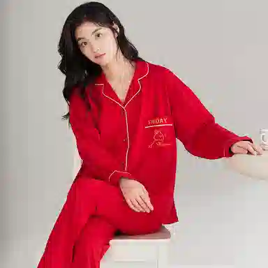 莫代尔 时尚开衫显瘦长袖长裤简约亲肤舒适家居服可外穿睡衣套装 男女同款 红色