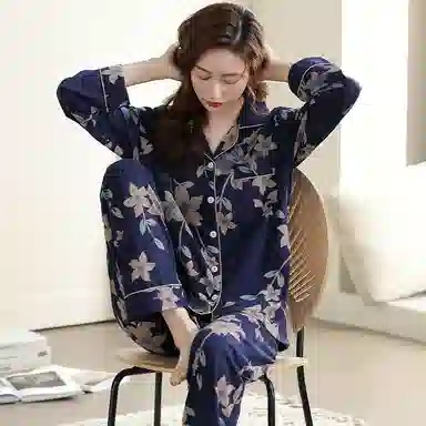 莫代尔 舒适亲肤休闲简约时尚长袖家居服可外穿睡衣套装 女款 藏青色