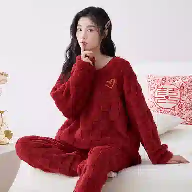 莫代尔 保暖亲肤舒适透气细腻圆领气质时尚家居服长袖长裤可外穿睡衣套装 男女同款 红色