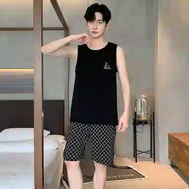 莫代尔 轻熟风气质时尚个性圆领套头舒适柔软亲肤细腻宽松休闲无束缚背心短裤可外穿家居服睡衣套装 男款