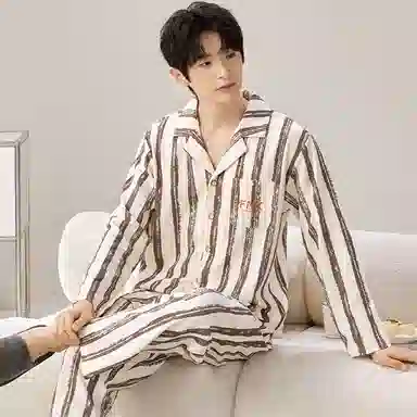 莫代尔 简约透气时尚轻柔亲肤翻领长袖长裤家居服睡衣套装 男 杏色