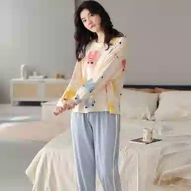 莫代尔 纯棉微弹吸湿排汗耐磨细腻舒适透气柔软亲肤轻盈可居家休闲可外穿长袖睡衣套装 女款 杏色