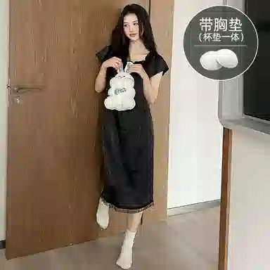 莫代尔 休闲简约甜美短袖宽松百搭带胸垫防凸点舒适柔软细腻可外穿夏季睡裙 女款 黑色