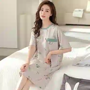 莫代尔 柔软舒适亲肤细腻透气耐磨休闲可外穿短袖睡裙 女款 淡卡其色