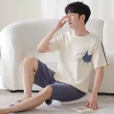 莫代尔 薄款韩版卡通时尚亲肤透气短袖五分裤家居服休闲可外穿睡衣套装 男款 杏色
