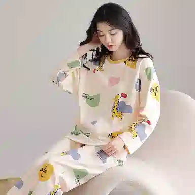 莫代尔 舒适柔软透气亲肤耐磨吸湿排汗长袖长裤不勒腹可居家休闲可外穿睡衣套装 女款 杏色