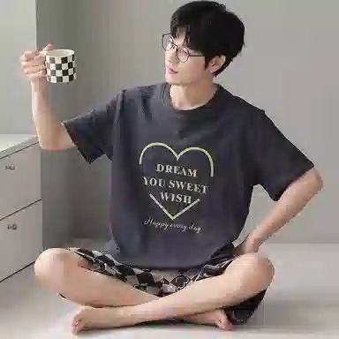 莫代尔 简约字母时尚韩版舒适亲肤透气短袖松紧带可外穿休闲五分裤睡衣套装 男款 浅灰色