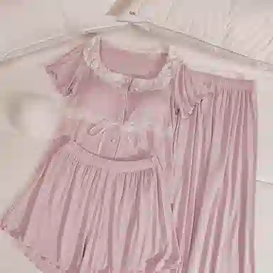 莫代尔 韩版休闲简约轻盈透气套头舒适柔软亲肤细腻带胸垫防凸点短袖家居服睡衣套装 女款