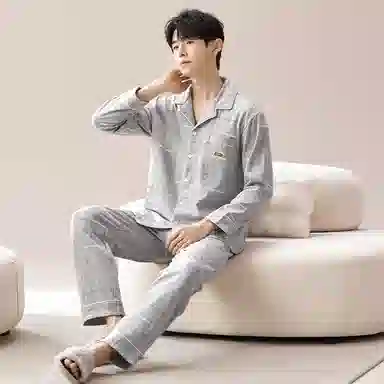莫代尔 舒适透气柔软亲肤细腻纯棉宽松微弹耐磨开衫长袖中腰长裤可居家休闲外穿睡衣套装 男款 银色