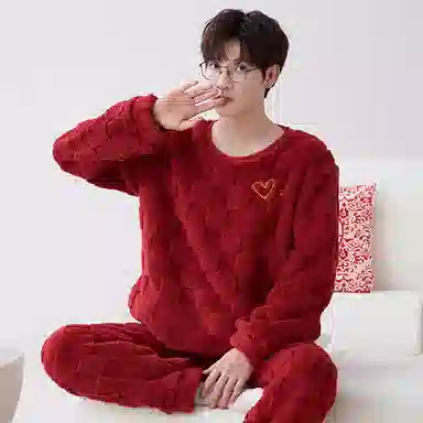 莫代尔 保暖亲肤舒适透气细腻圆领气质时尚家居服长袖长裤可外穿睡衣套装 男女同款 红色