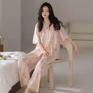 莫代尔 韩版时尚翻领开衫气质百搭轻盈透气舒适柔软细腻短袖长裤家居服可外穿睡衣套装 女款