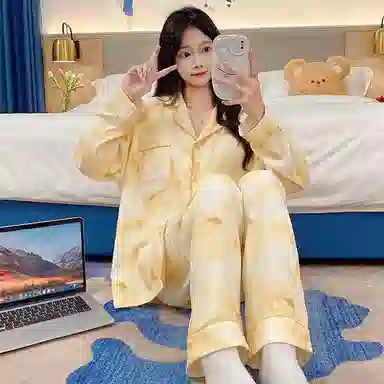 莫代尔 简约亲肤带胸垫防凸点翻领开衫长袖时尚可外穿长裤睡衣套装 女 杏色