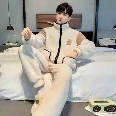 莫代尔 舒适保暖韩版时尚卡通可外穿休闲简约睡衣套装 男款 杏色