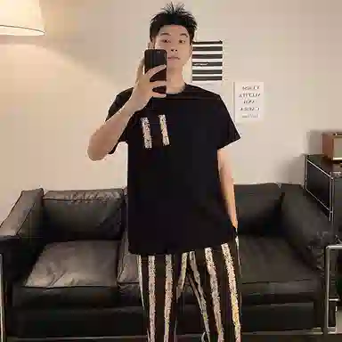 莫代尔 气质时尚宽松舒适圆领套头休闲轻盈透气百搭短袖长裤可外穿夏季睡衣套装 男款 黑色