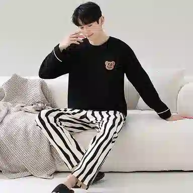 莫代尔 纯色小熊印花时尚宽松纯棉舒适亲肤套头长袖松紧带长裤居家休闲可外穿睡衣套装 男款 黑色