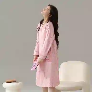 莫代尔 纯棉透气轻盈亲肤耐磨微弹吸湿排汗柔软细腻舒适可居家休闲可外穿长袖睡裙 女款 粉色