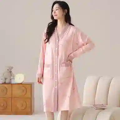 莫代尔 柔软舒适亲肤透气可调节裤腰可外穿长袖睡衣套装 女款 桃色