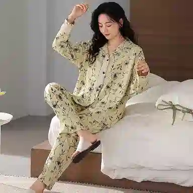 莫代尔 亲肤透气柔软舒适开衫长袖长裤睡衣套装 女款 抹茶色