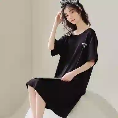莫代尔 舒适轻柔细腻圆领百搭亲肤透气短袖睡裙 女款 黑色