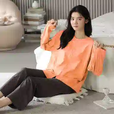 莫代尔 亲肤舒适套头圆领长袖长裤家居服可外穿睡衣套装 女款 桔红色