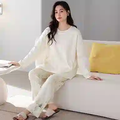 莫代尔 韩版小清新长袖长裤简约柔软亲肤舒适轻盈透气居家可外穿睡衣套装 女款 白色