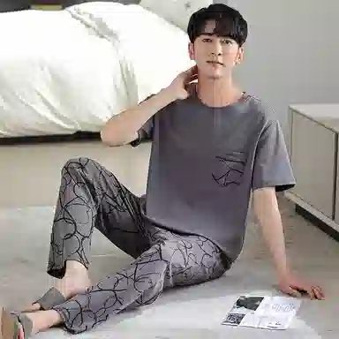 莫代尔 舒适亲肤柔软透气微弹耐磨圆领短袖松紧裤腰不勒腹长裤可居家休闲可外穿睡衣套装 男款 灰色