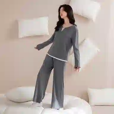 莫代尔 宽松百搭舒适亲肤圆领套头气质轻柔细腻长袖长裤可外穿夏季睡衣套装 男女同款