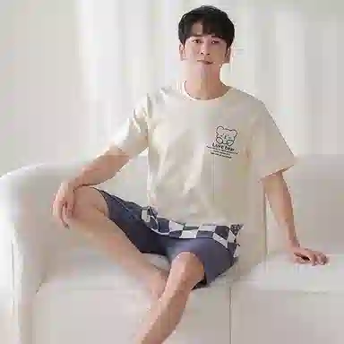 莫代尔 薄款韩版卡通小熊时尚亲肤透气短袖五分裤家居服可外穿睡衣套装 男款 杏色