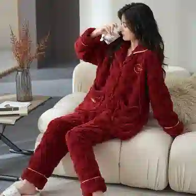 莫代尔 保暖亲肤舒适蓄热透气简约时尚家居服长袖长裤可外穿不臃肿开衫睡衣套装 男女同款 红色