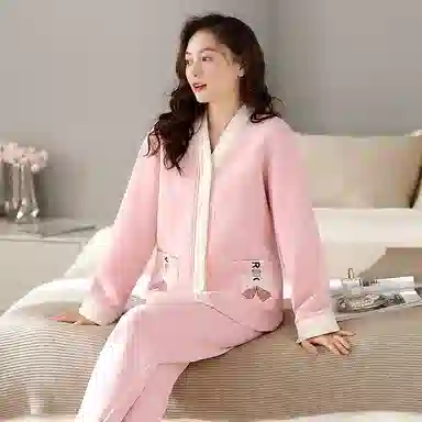莫代尔 简约舒适保暖蓄热亲肤时尚开衫长袖气质休闲不易起球长裤睡衣套装 女款 粉红色