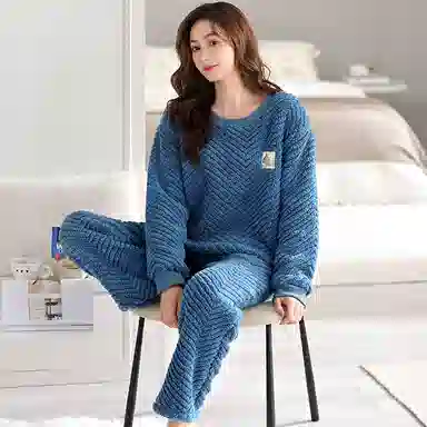 莫代尔 保暖储温轻柔舒适亲肤可外穿长袖长裤睡衣套装 女款 藏青色