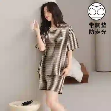 莫代尔 时尚亲肤透气百搭圆领舒适柔软细腻带胸垫防凸点短袖家居服可外穿睡衣套装 女款 黑白色