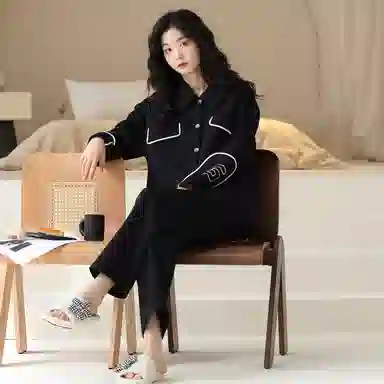 莫代尔 加厚柔软保暖细腻舒适蓄热套头长袖长裤可居家休闲可外穿睡衣套装 女款 黑色