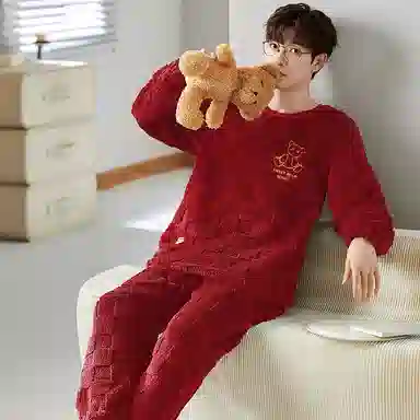 莫代尔 保暖储温蓄热防寒亲肤舒适长袖长裤套头圆领家居服可外穿睡衣套装 女款 红色