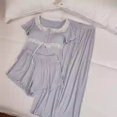 莫代尔 韩版休闲简约轻盈透气套头舒适柔软亲肤细腻带胸垫防凸点短袖家居服睡衣套装 女款