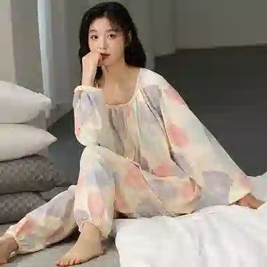 莫代尔 舒适轻盈透气耐磨吸汗细腻柔软亲肤居家可外穿开衫长袖长裤睡衣套装 女款 杏色