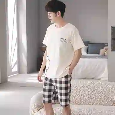 莫代尔 薄款舒适亲肤韩版卡通时尚经典短袖五分裤家居服可外穿睡衣套装 男款 杏色