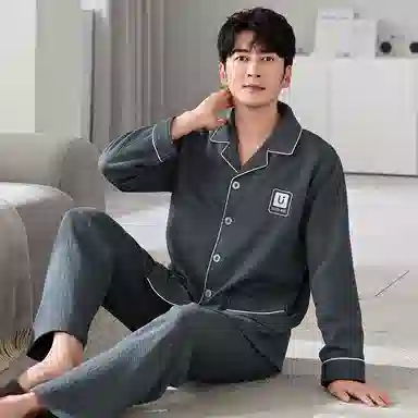 莫代尔 可外穿气质保暖储温蓄热轻熟风细腻舒适亲肤韩版时尚透气开衫翻领圆润纽扣宿舍简约休闲长袖长裤睡衣套装 男款 灰色