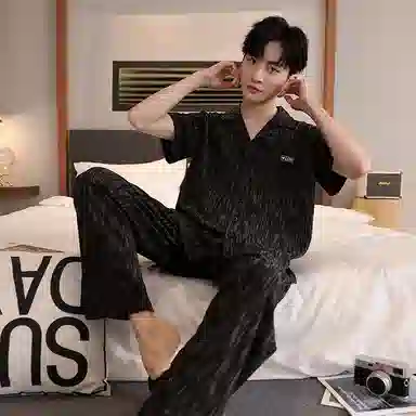 莫代尔 舒适轻柔细腻翻领百搭短袖上衣可外穿家居服长裤睡衣套装 男款 黑色