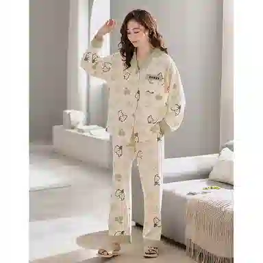 莫代尔 亲肤舒适开衫翻领长袖长裤甜美满印卡通兔可外穿睡衣套装 女款 杏色