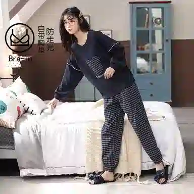 莫代尔 带胸垫防凸点柔软舒适亲肤休闲简约时尚百搭可外穿睡衣套装 女款 藏青色