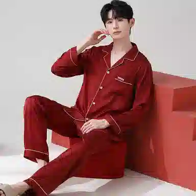 莫代尔 舒适柔软细腻亲肤微弹透气耐磨冰丝圆润纽扣不伤手开衫长袖松紧裤腰不勒腹长裤可居家休闲可外穿睡衣套装 男款 砖红色