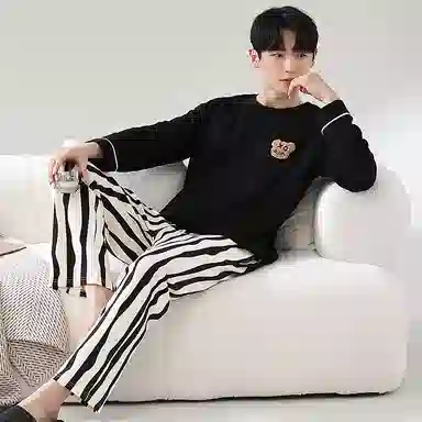 莫代尔 纯色小熊印花时尚宽松纯棉舒适亲肤套头长袖松紧带长裤居家休闲可外穿睡衣套装 男款 黑色