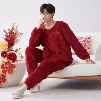 莫代尔 保暖亲肤舒适透气细腻圆领气质时尚家居服长袖长裤可外穿睡衣套装 男女同款 红色