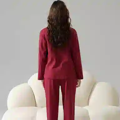 莫代尔 舒适时尚小熊印花开衫翻领长袖带胸垫可外穿秋冬睡衣套装 女款 酒红色