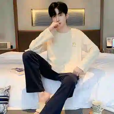 莫代尔 舒适亲肤时尚圆领套头长袖长裤可外穿素色睡衣套装 男款 杏色