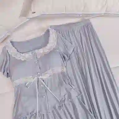 莫代尔 韩版休闲简约轻盈透气套头舒适柔软亲肤细腻带胸垫防凸点短袖家居服睡衣套装 女款