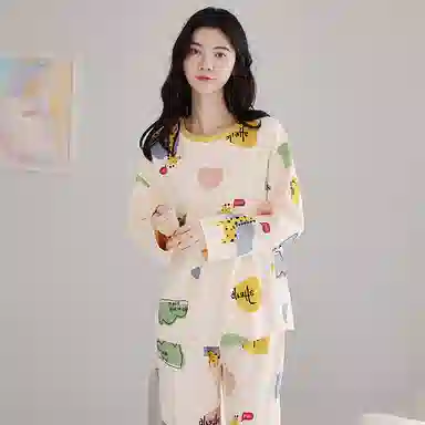 莫代尔 舒适柔软透气亲肤耐磨吸湿排汗长袖长裤不勒腹可居家休闲可外穿睡衣套装 女款 杏色